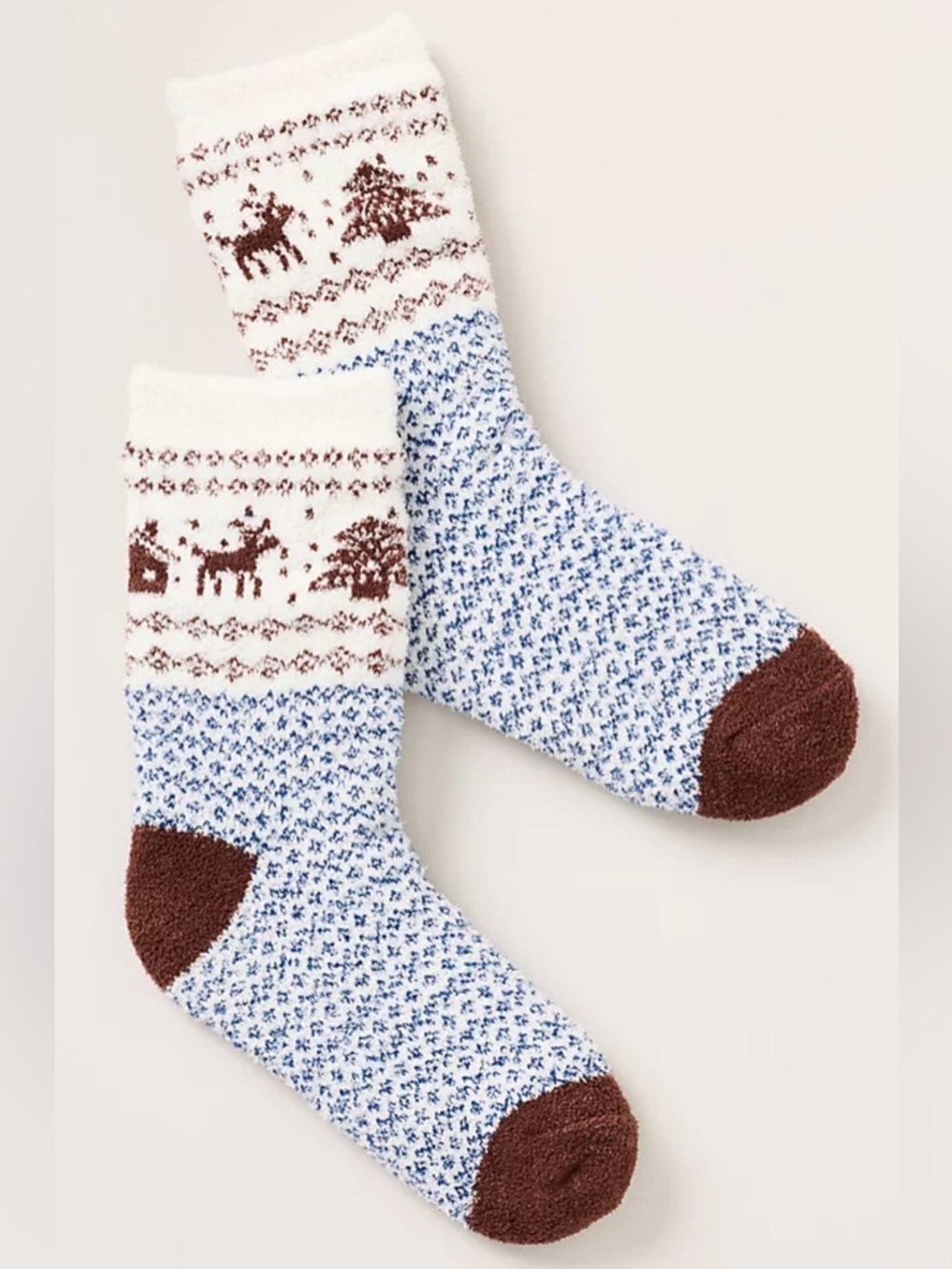 Anthropologie Cozy Cabin Sherpa Lined Socks Blue Brown Winter Village One Size